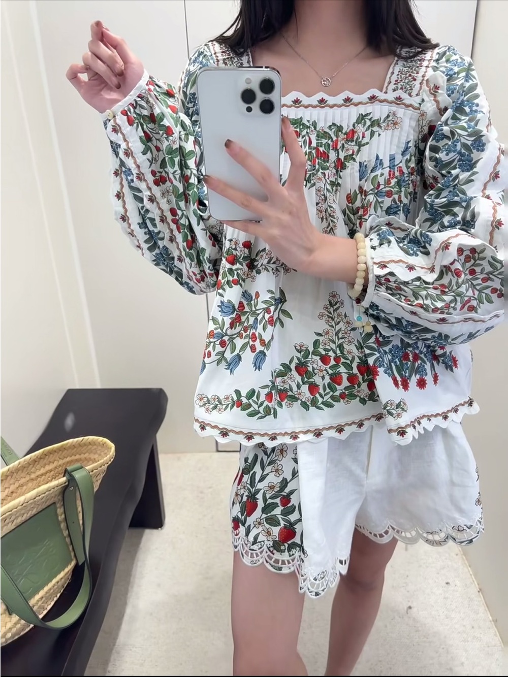 Farm Rio Off White Fruit Beauty Scarf Long Sleeve Blouse